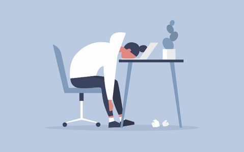 image of a cartoon-style student slumped over a desk, with their head on a laptop, illustrating "Zoom fatigue."